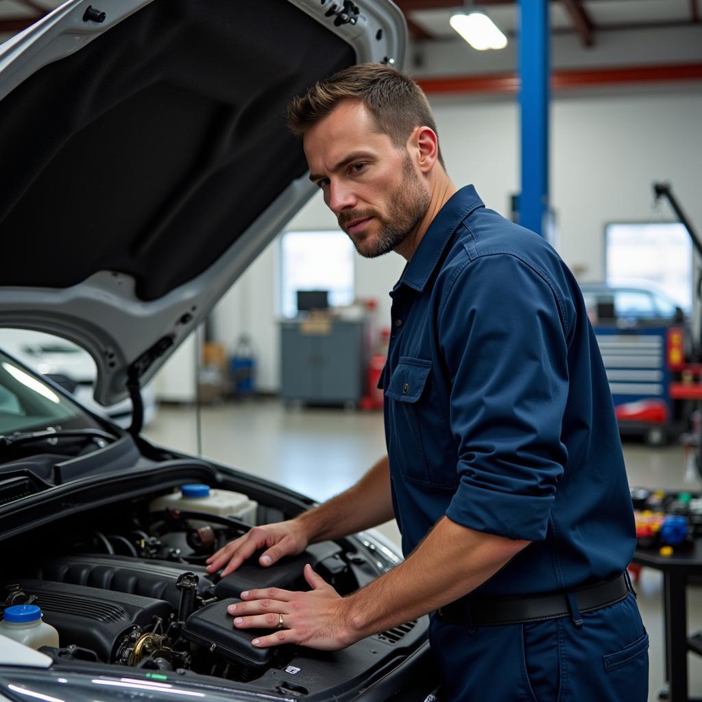 Mechanic Working on Car Engine in Auto Repair Shop