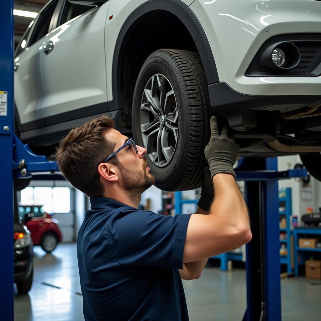 Mechanic Working Under Car on Lift