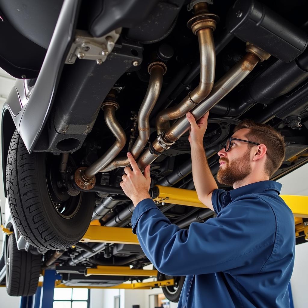 Inspecting the Exhaust System of a Mid-Engine Car