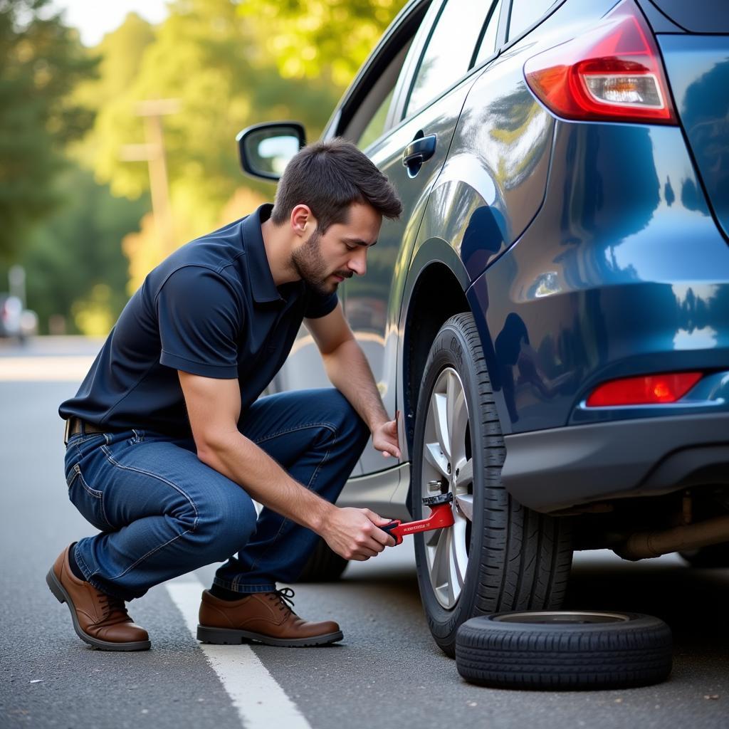 Mobile mechanic changing a tire on the side of the road.