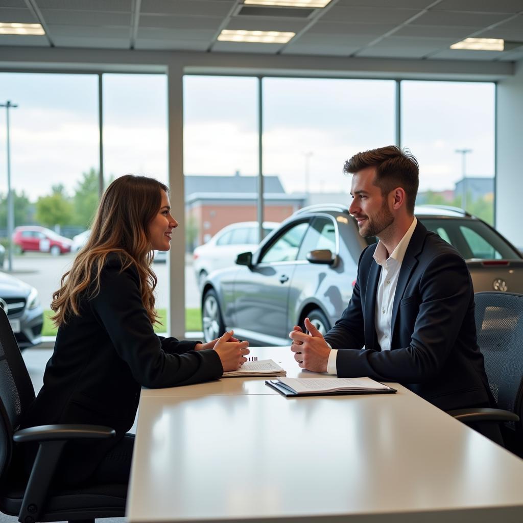 Negotiating a car trade-in deal at a dealership in the UK, focusing on the discussion about the car's condition and value. 