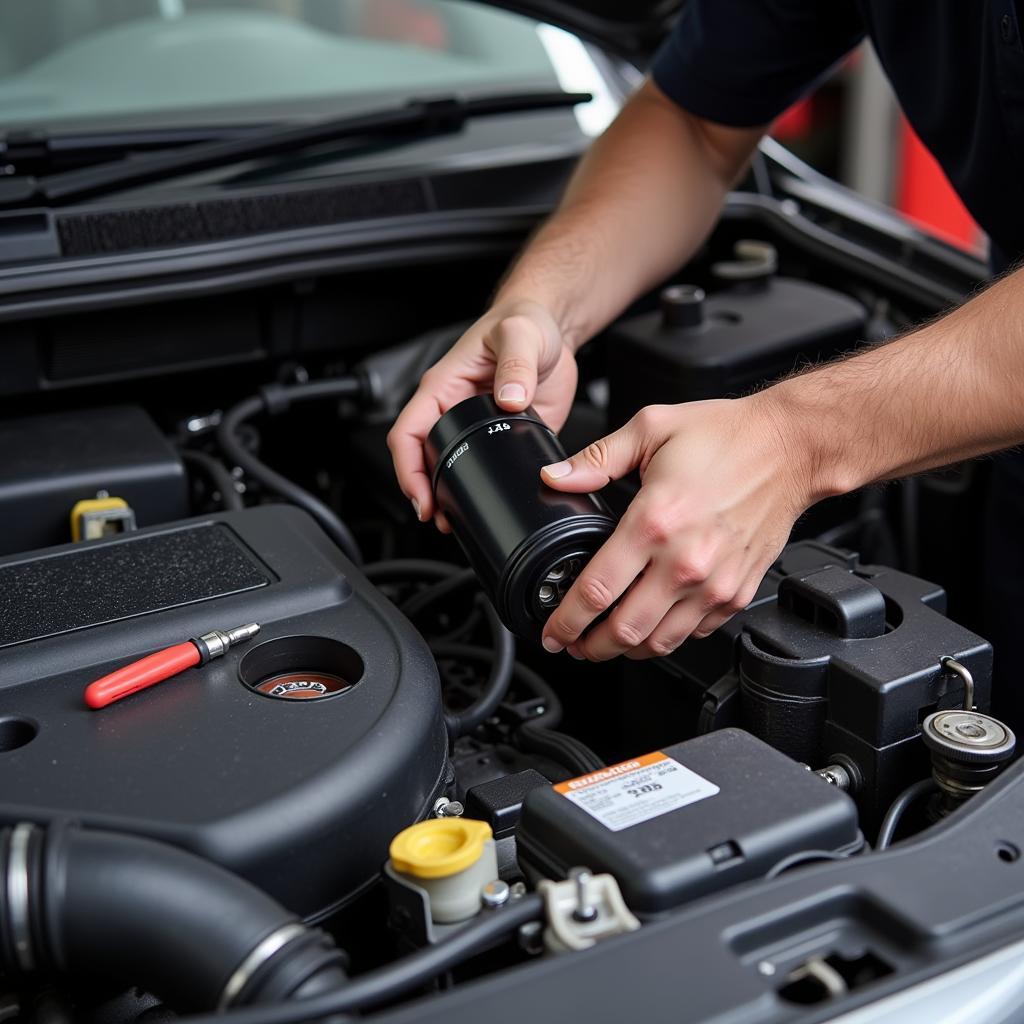 Mechanic installing a new fuel filter