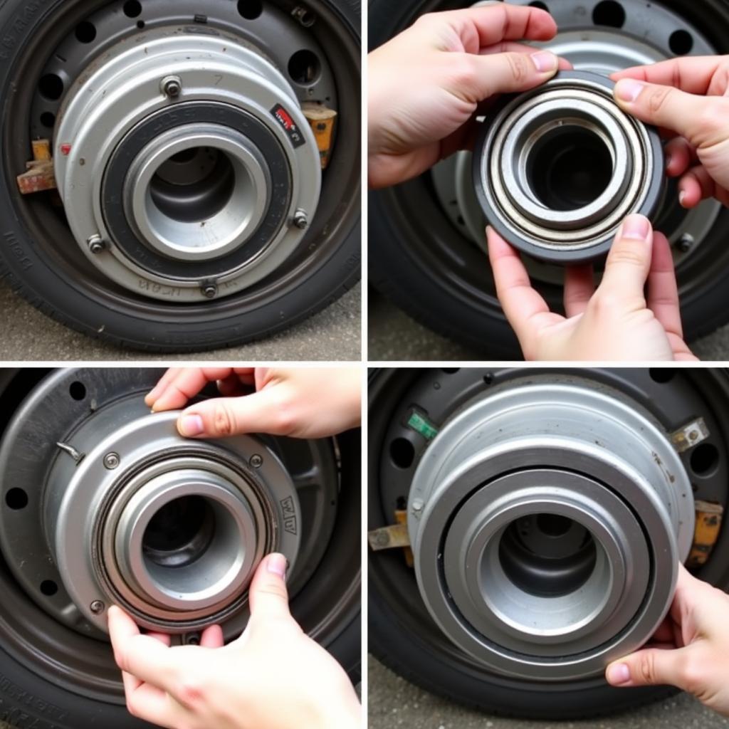 New Wheel Bearing Installation:  A new wheel bearing being installed onto a car's wheel hub. The image showcases the proper placement and alignment of the new bearing.