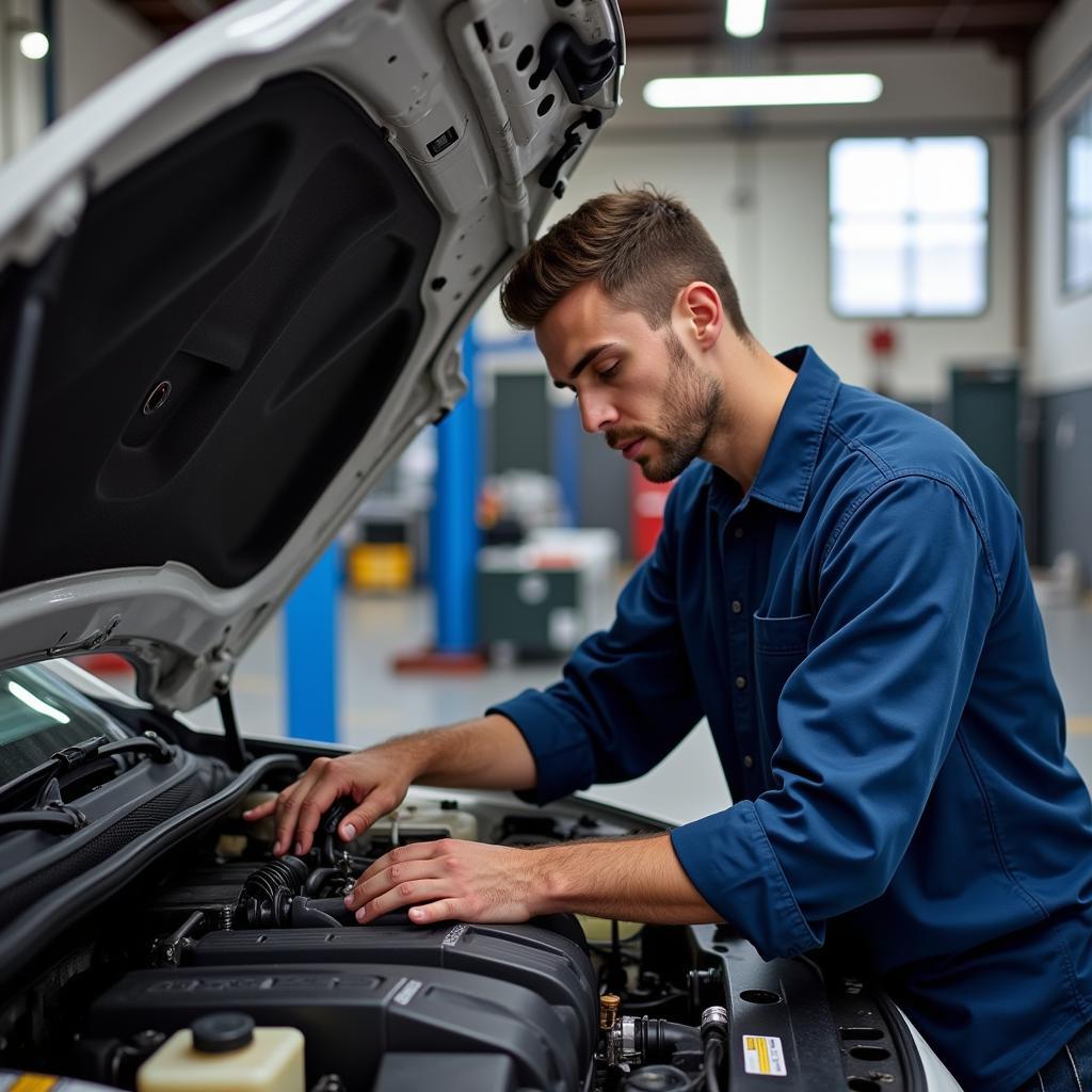 Oxford Mills Mechanic Working on a Car Engine