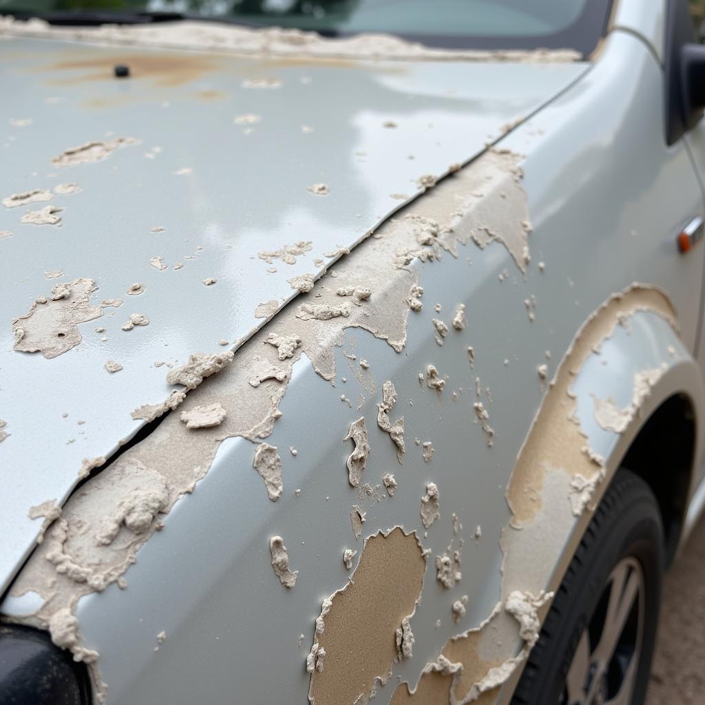 Close-up view of peeling clear coat on a car's hood