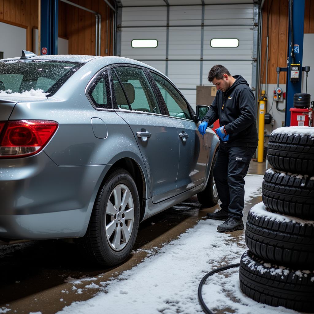 Car undergoing winter preparation in Pocatello