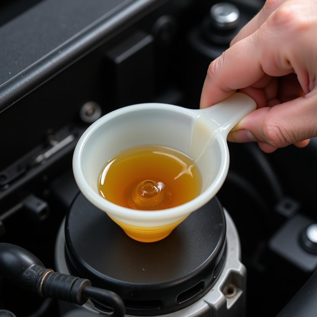 Pouring engine oil into a car engine.