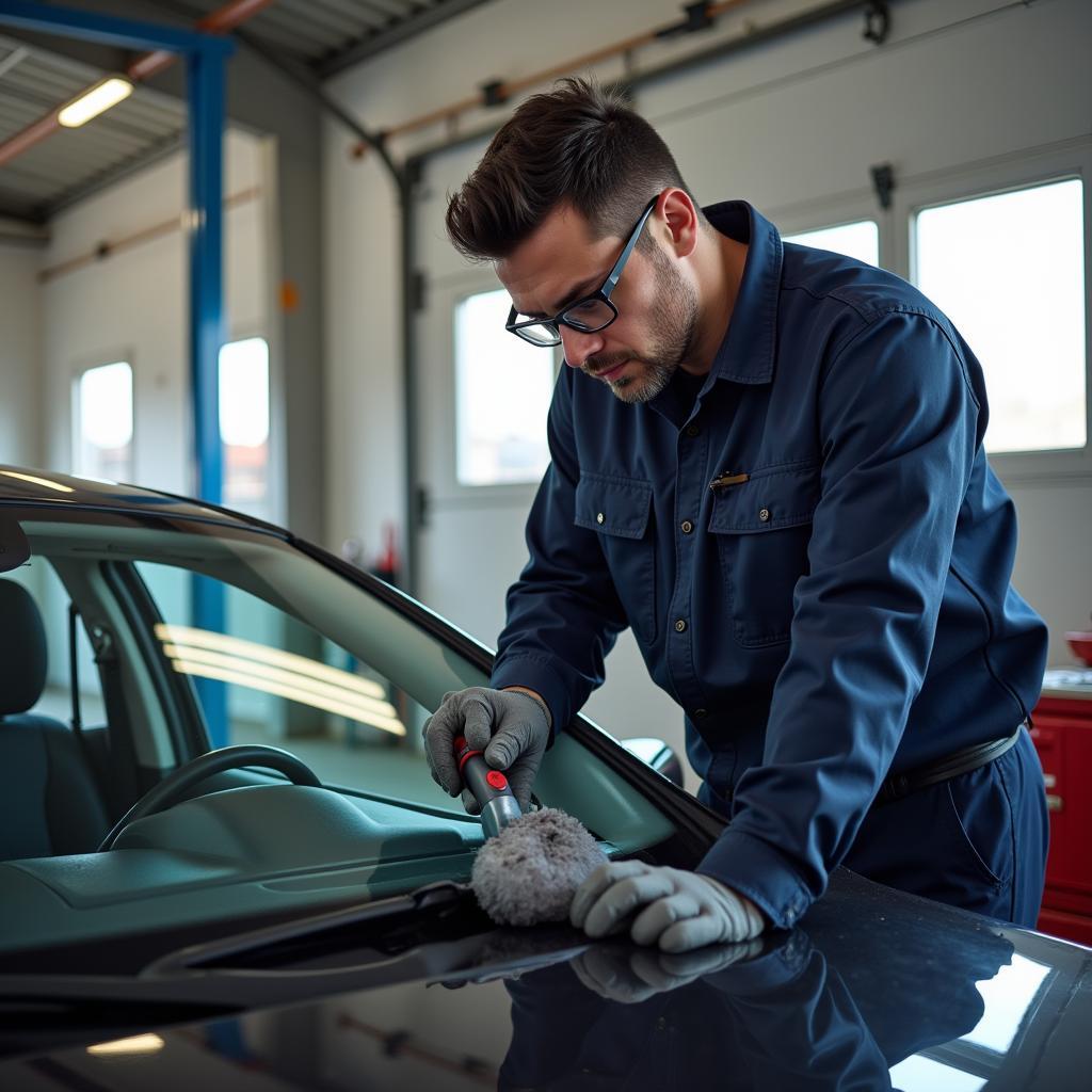 A professional car glass repair technician working on a vehicle in Lagos.