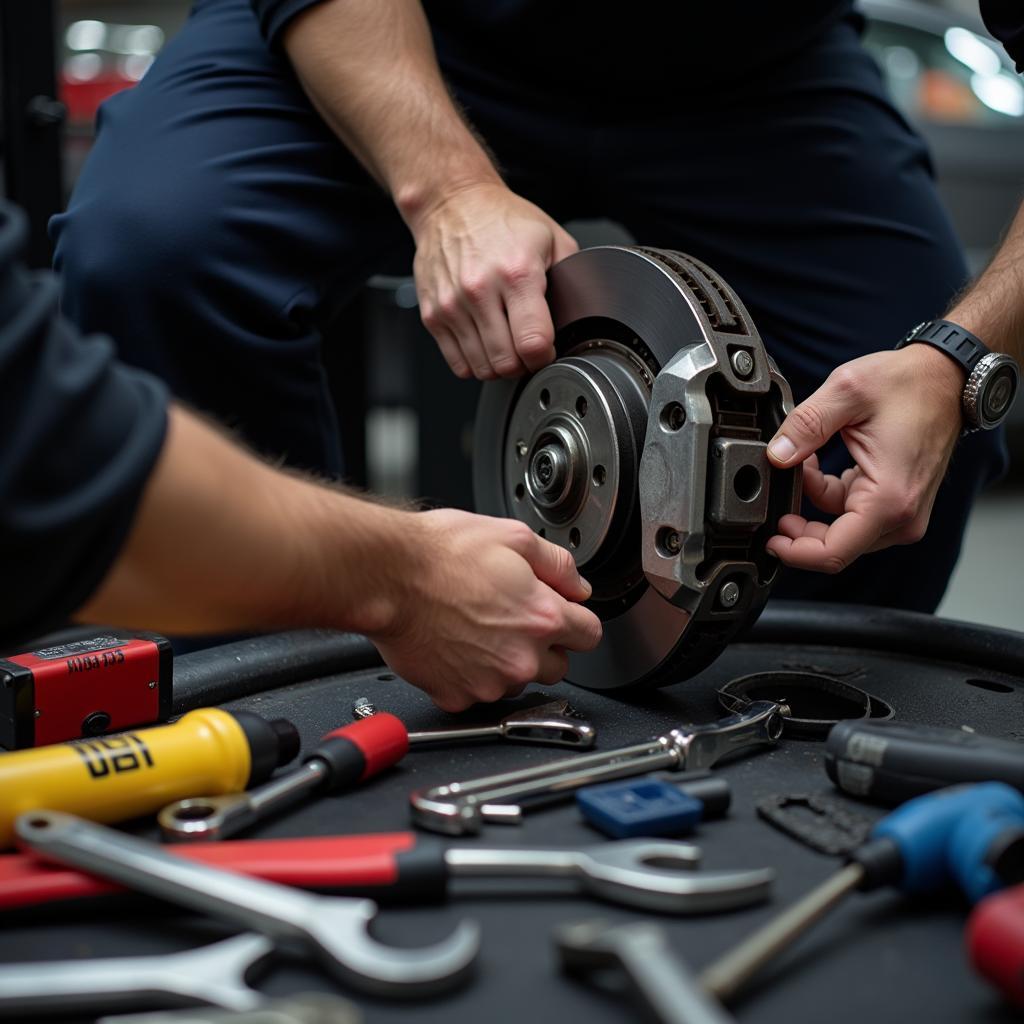 Professional Car Mechanic Repairing Brakes