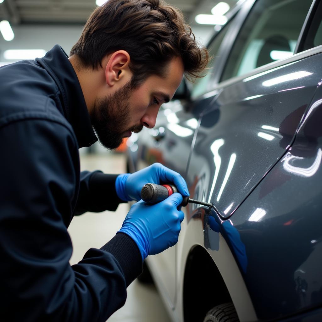 A professional repairing a car paint chip using specialized tools