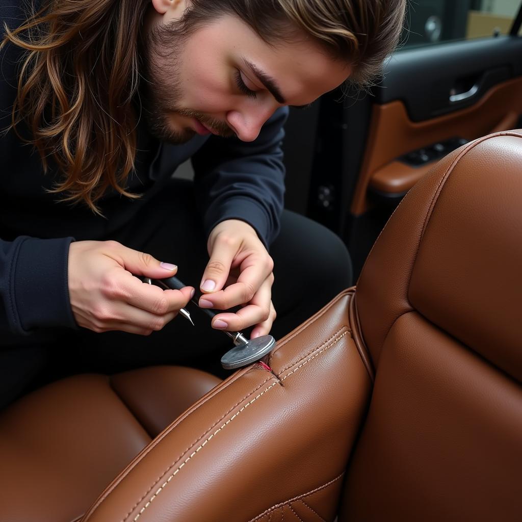 A professional upholsterer repairing a burn mark on a leather car seat.