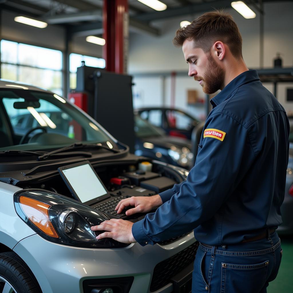 Qualified Mechanic Working on a Subcompact Car