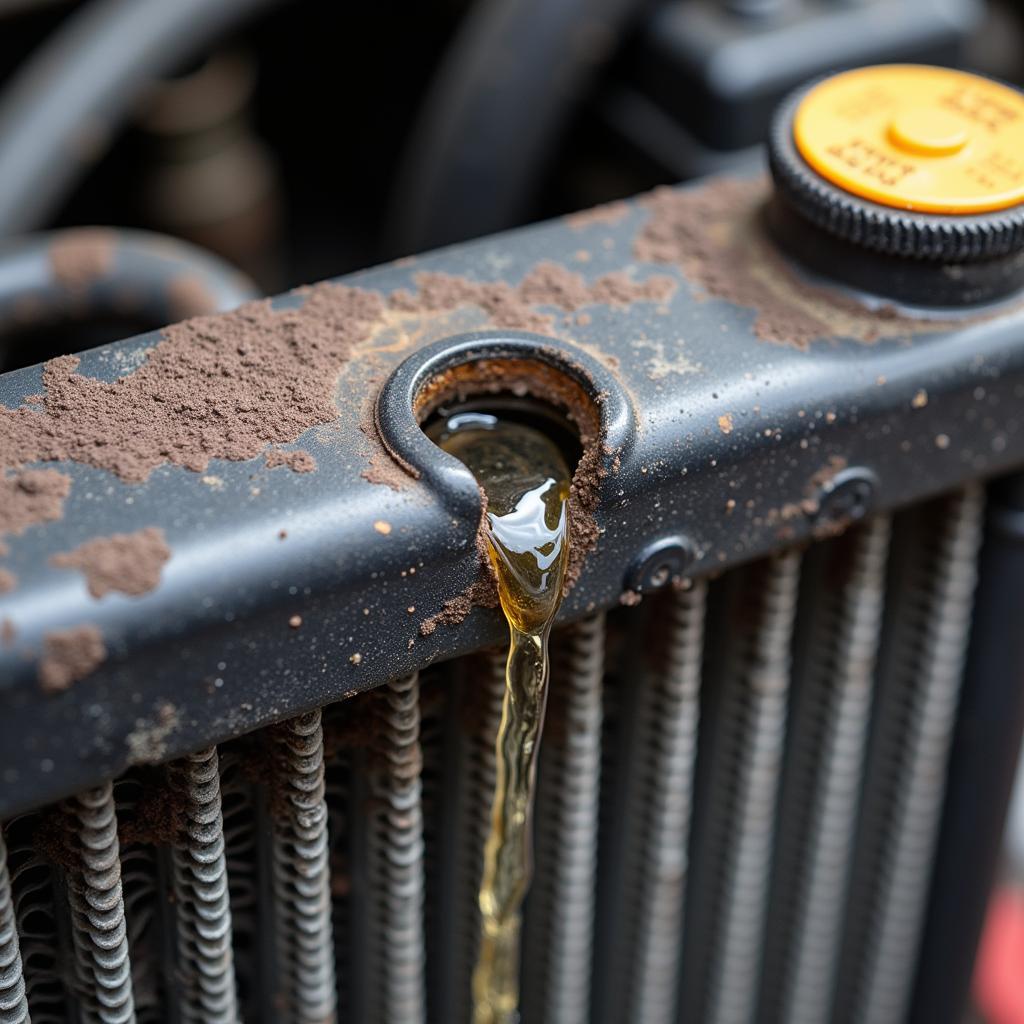 Close up view of a leaking car radiator