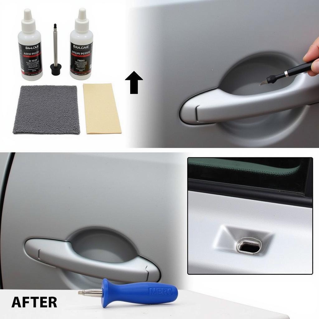 Repairing a burn hole in a car door panel using a repair kit