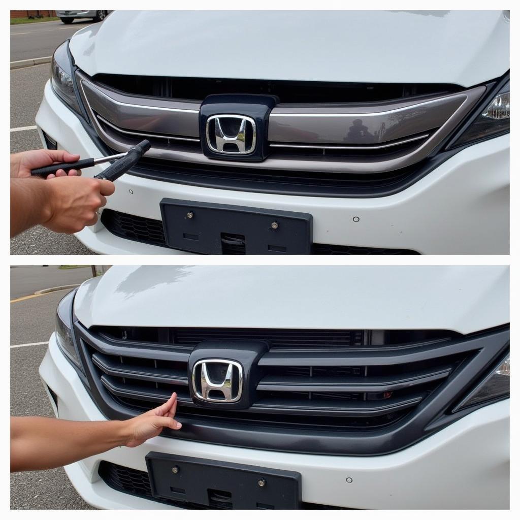 Replacing a damaged plastic car grill with a new one