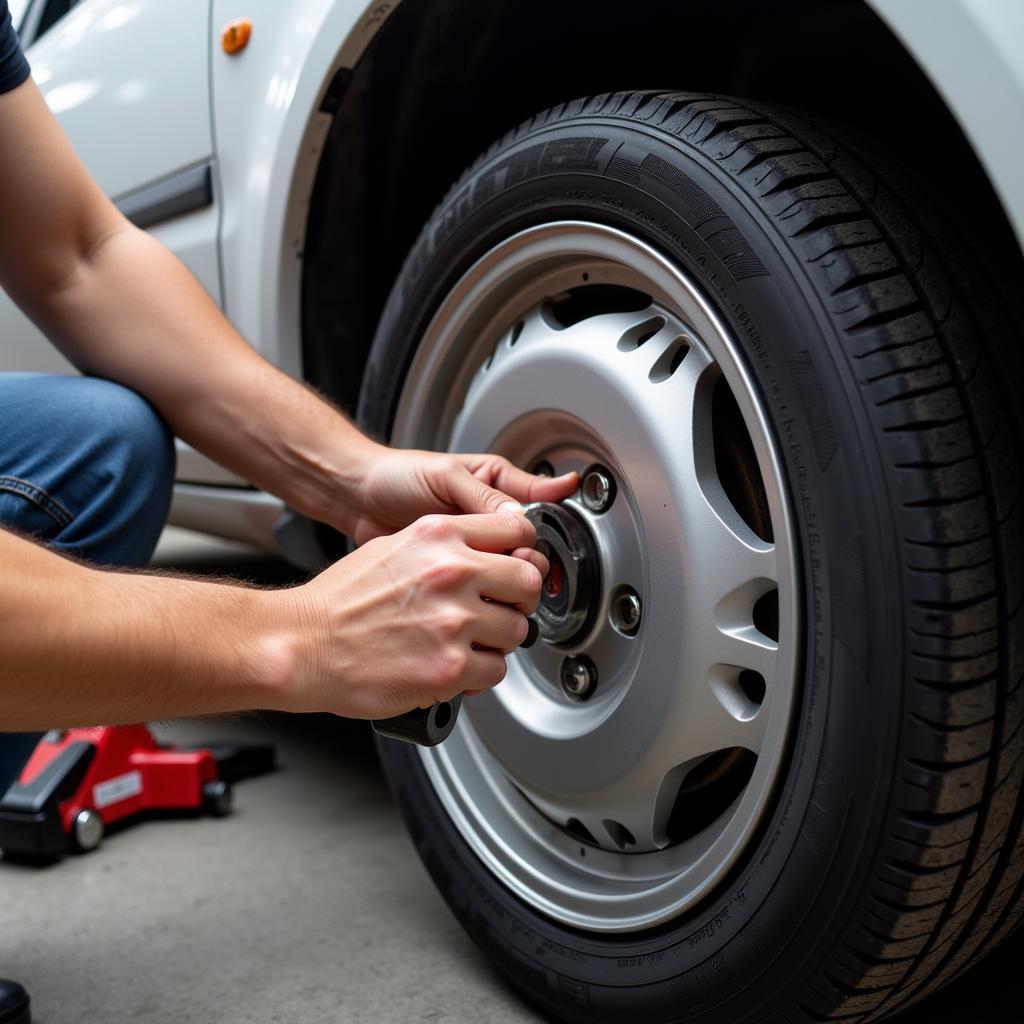 Rotating car tires in a garage