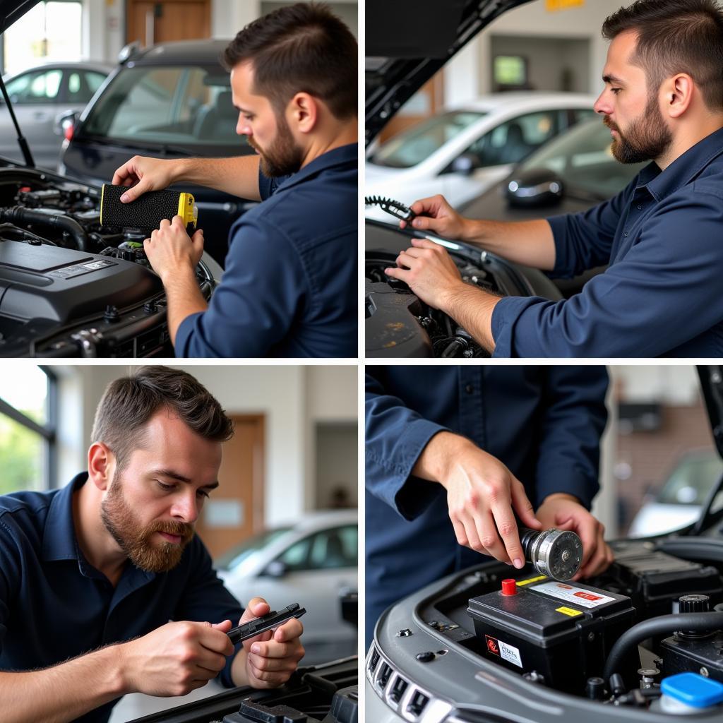 Routine car maintenance tasks in a DIY garage