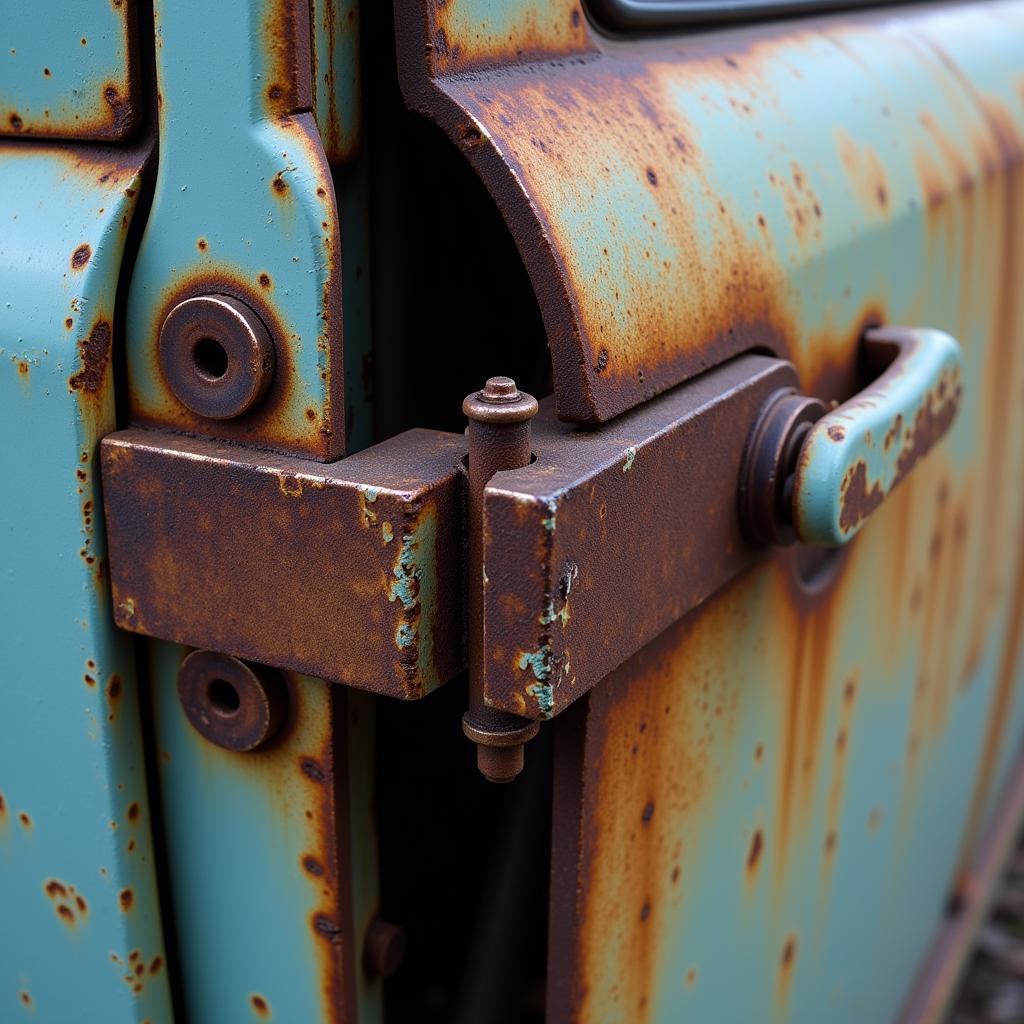 Close-up of a sagging car door hinge showing wear and tear