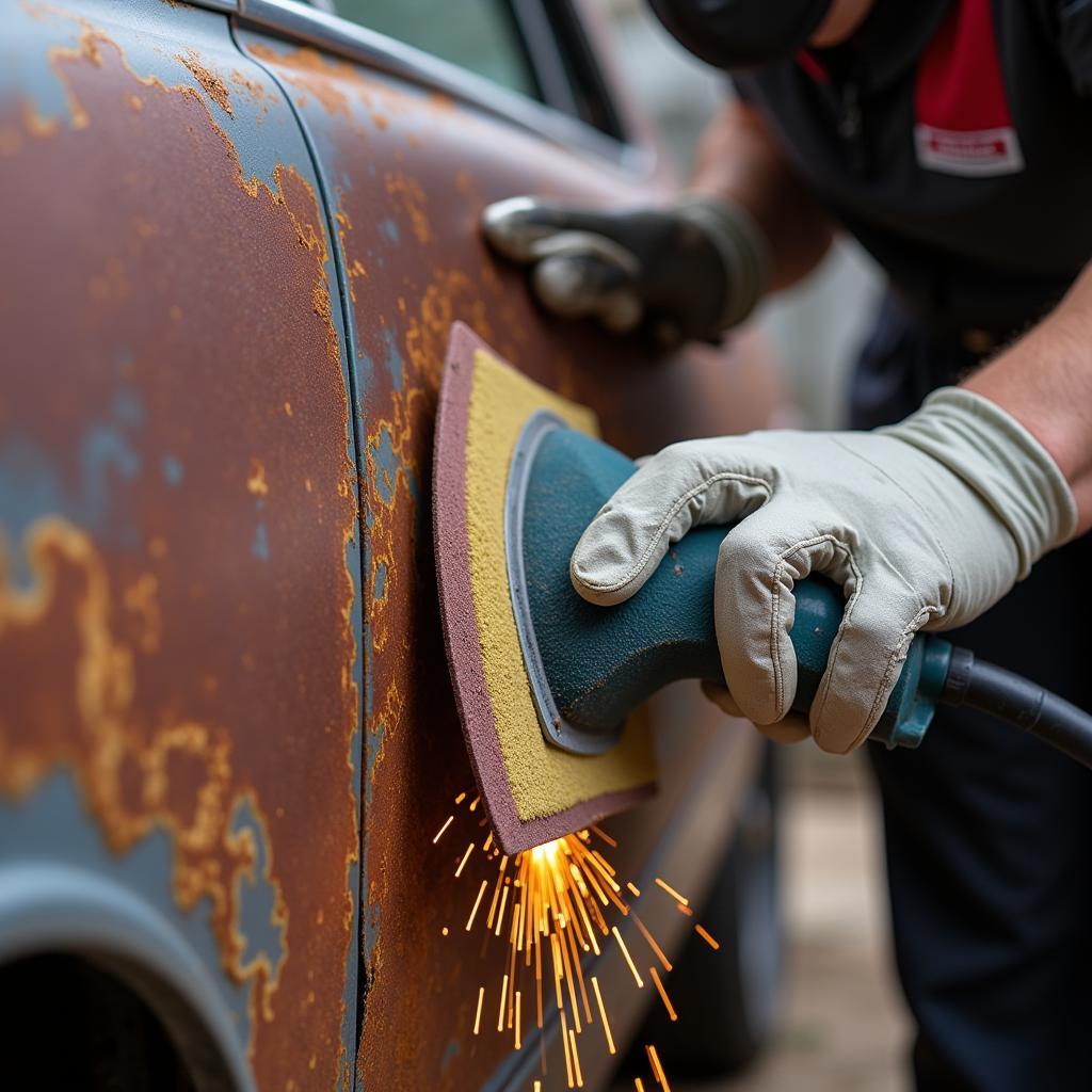 Sanding a Rusted Car Panel