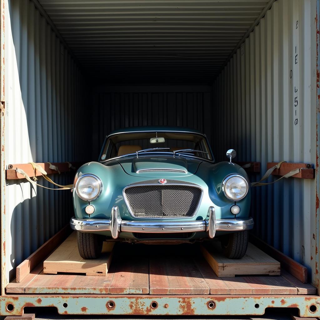 Car being loaded into a shipping container for international maintenance