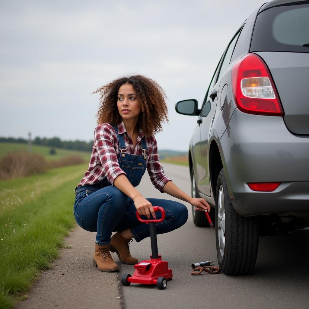 A single mom changing a flat tire on her car.