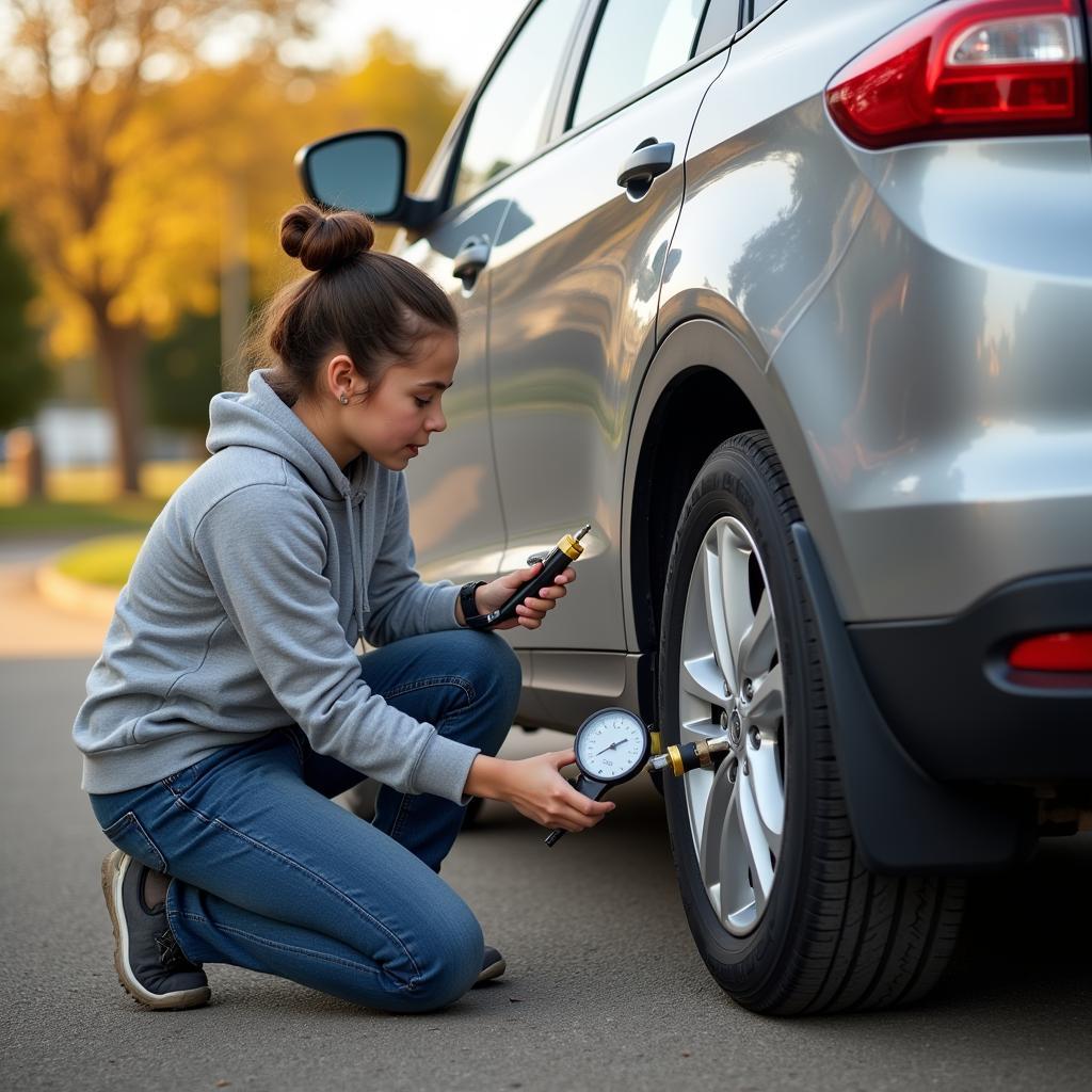 Single Parent Checking Tire Pressure