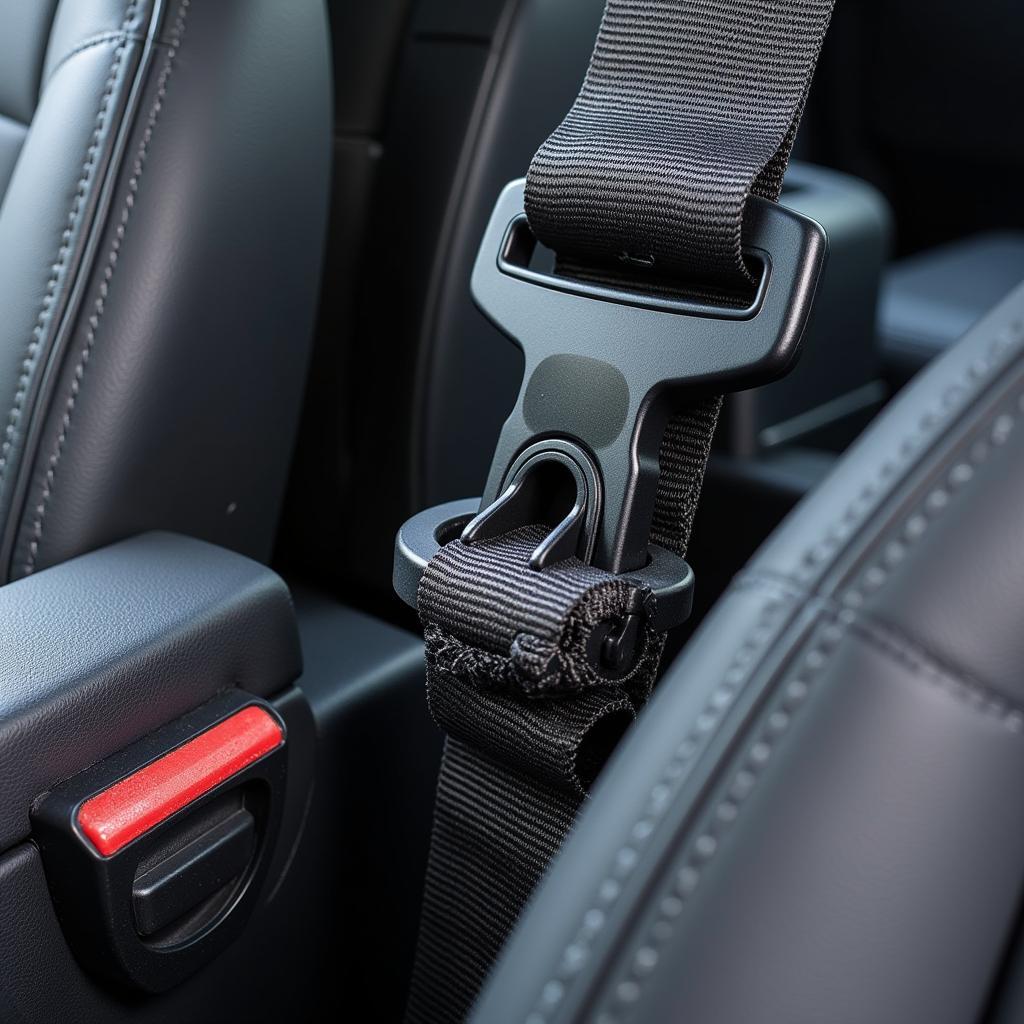 Close-up of a jammed car seat belt mechanism