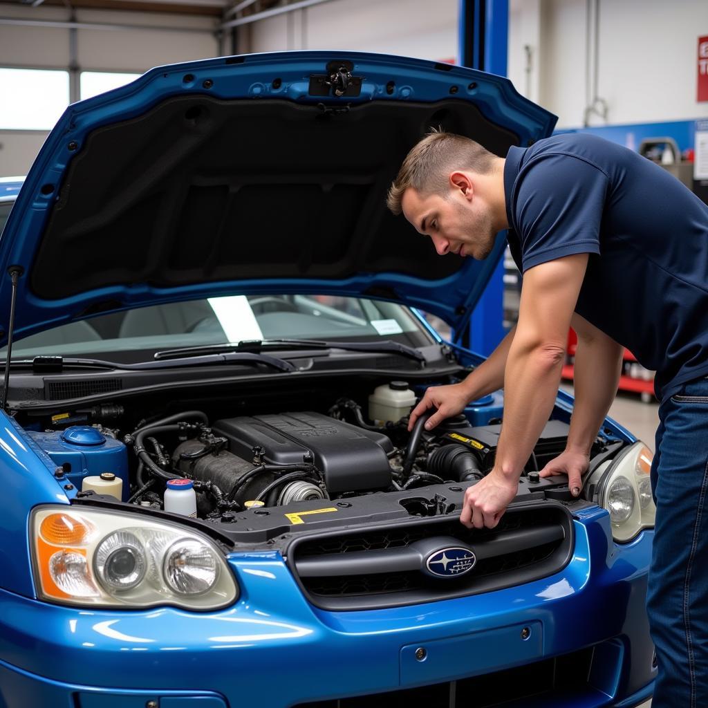 Inspecting a Subaru Engine Compartment