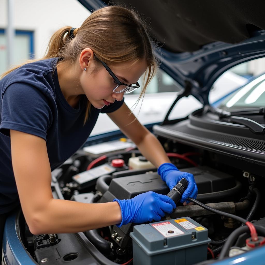 Teen Checking Car Battery Terminals