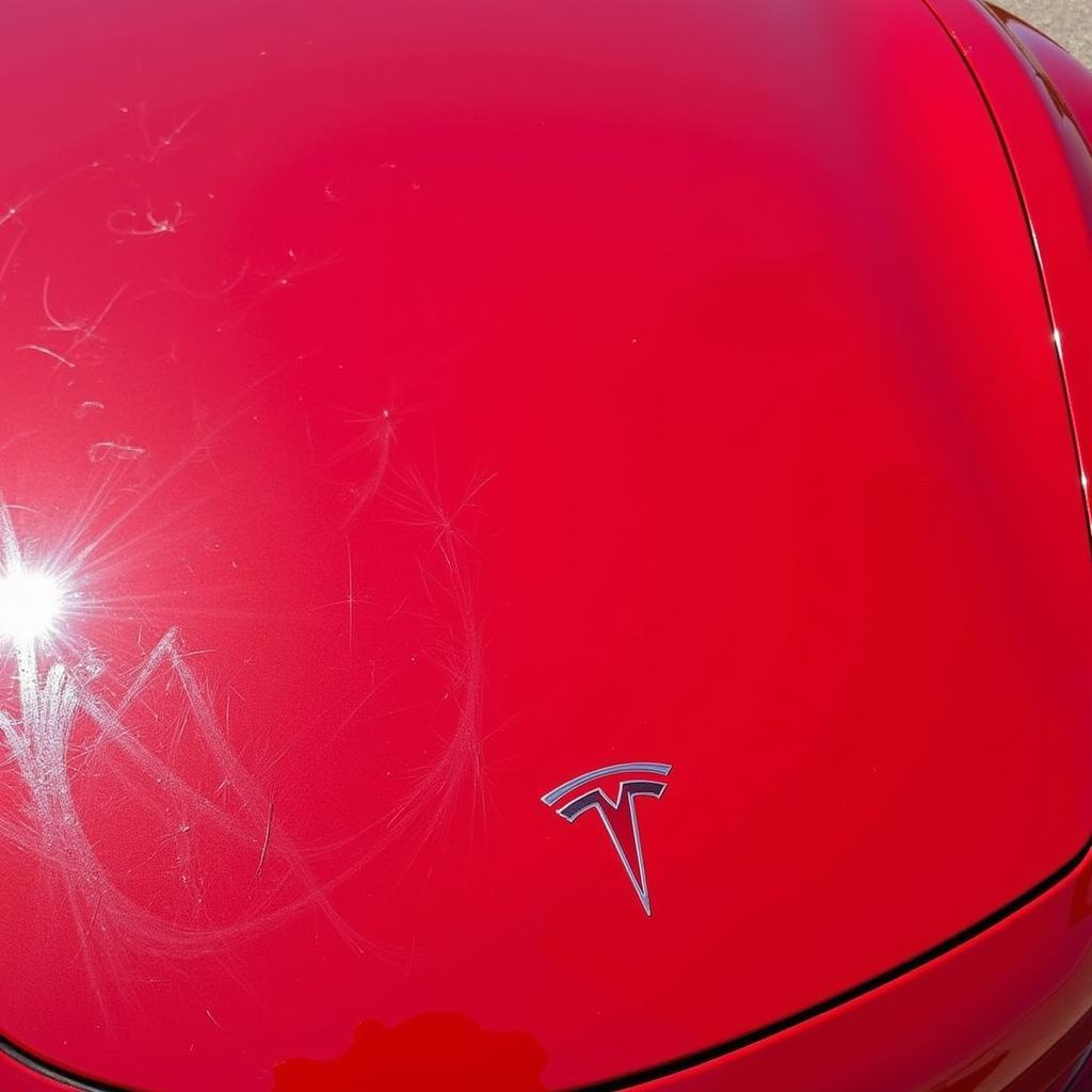 Tesla Car Wash Brush Damage: Scratches on a Tesla's paint caused by abrasive brushes in an automatic car wash.