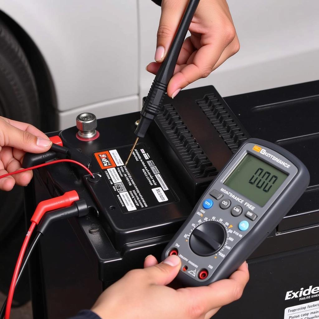 Testing an Exide maintenance-free car battery with a multimeter