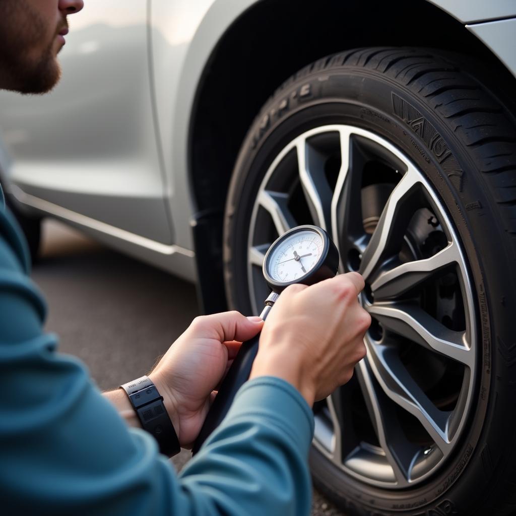 Checking car tire pressure with a gauge