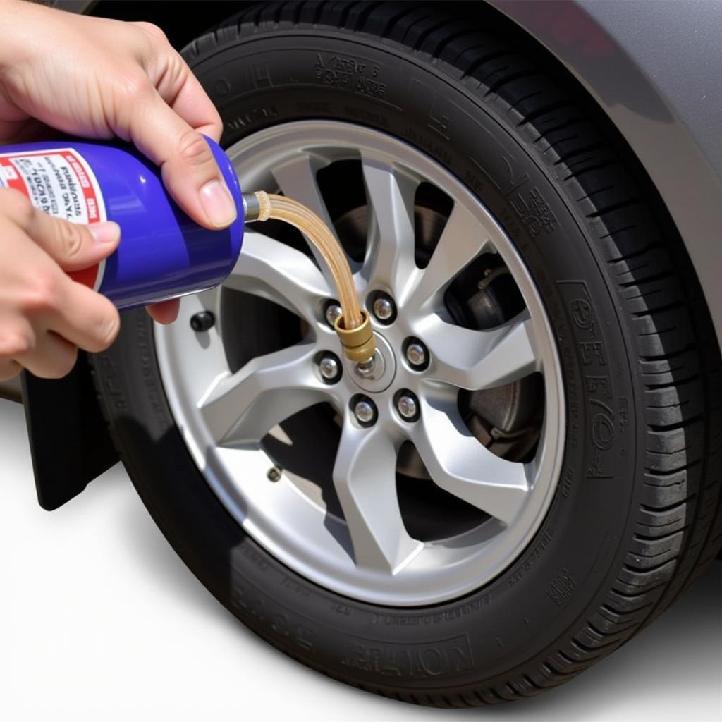 Applying tire sealant to a flat tire using a canister.