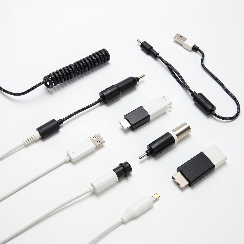 An assortment of different types of car charger tips and cables, including USB-A, USB-C, and Lightning connectors.