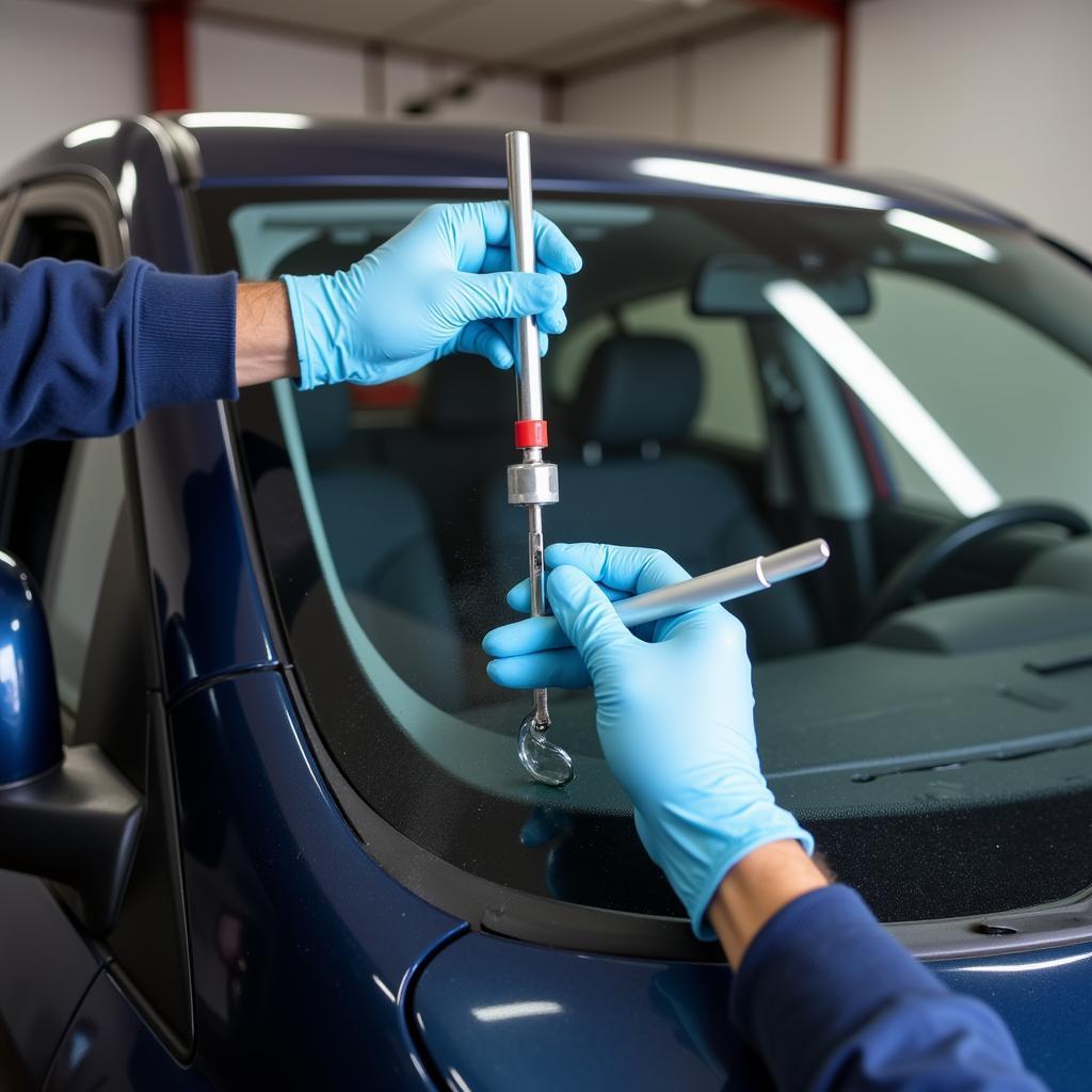 Close-up of a windshield chip being repaired in Lagos