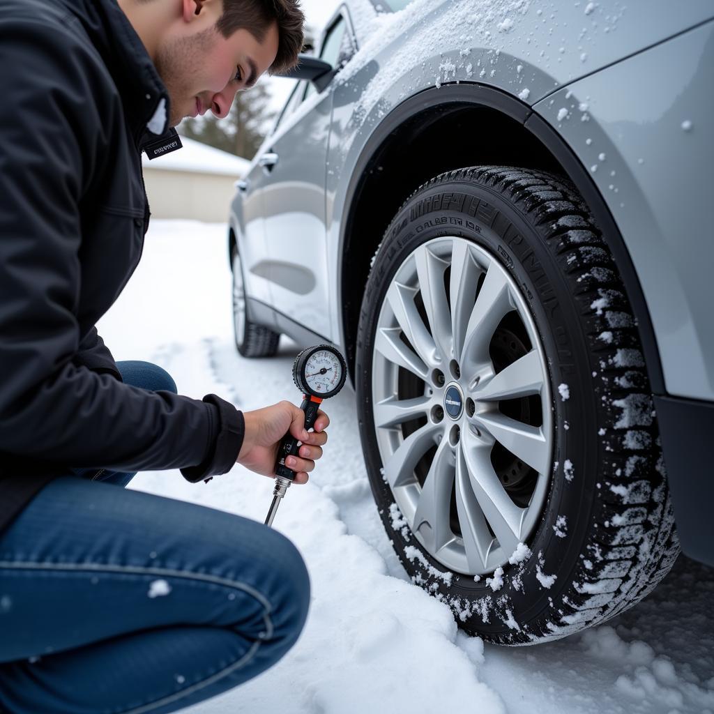 Checking Car Tire Pressure and Tread Depth in Winter