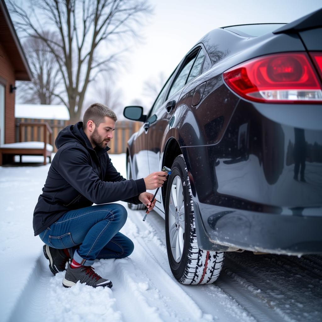 Checking Winter Tire Pressure in Minot