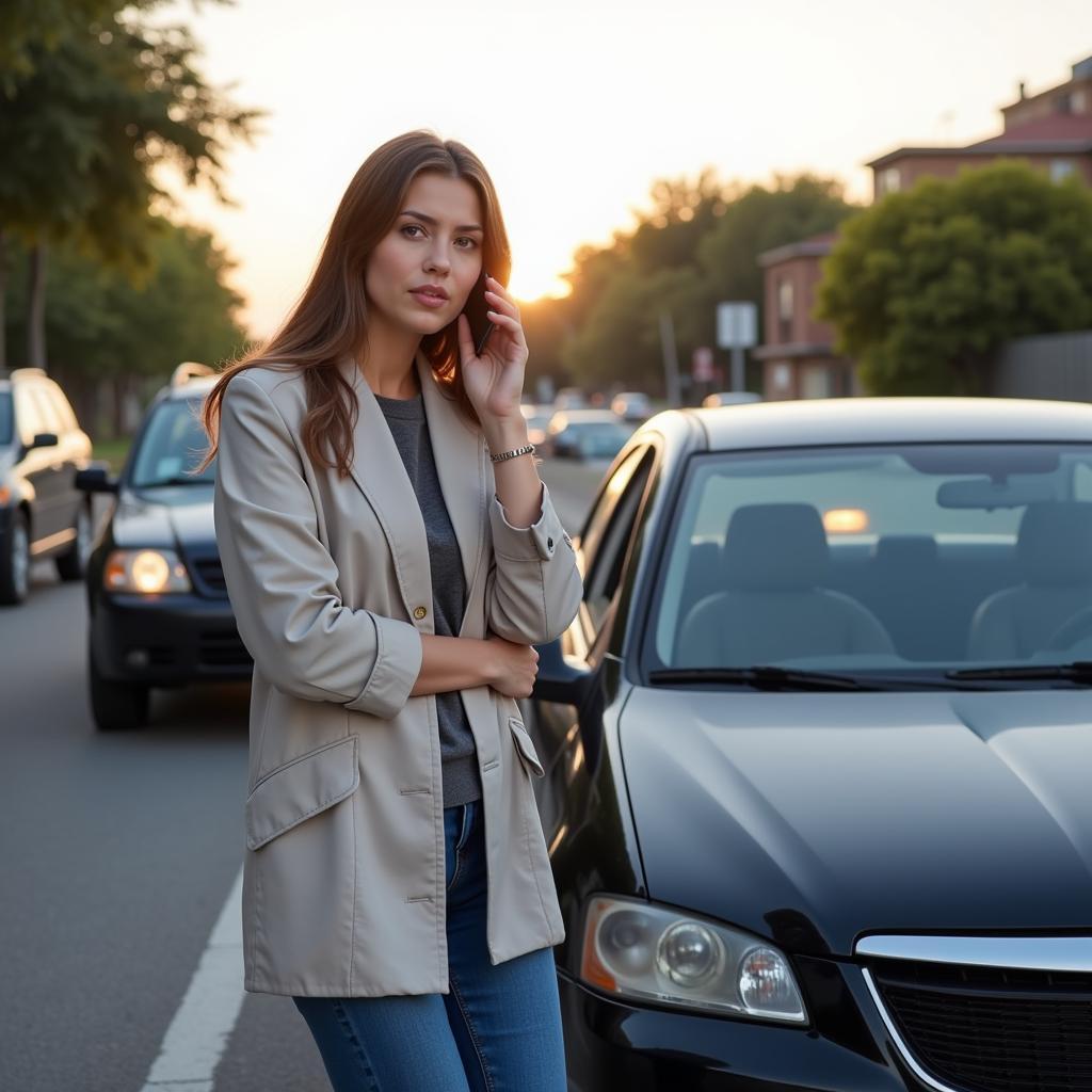 Woman calling roadside assistance while waiting by her car