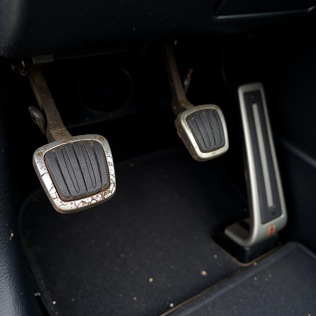 Worn-out rubber pedal pads in a car