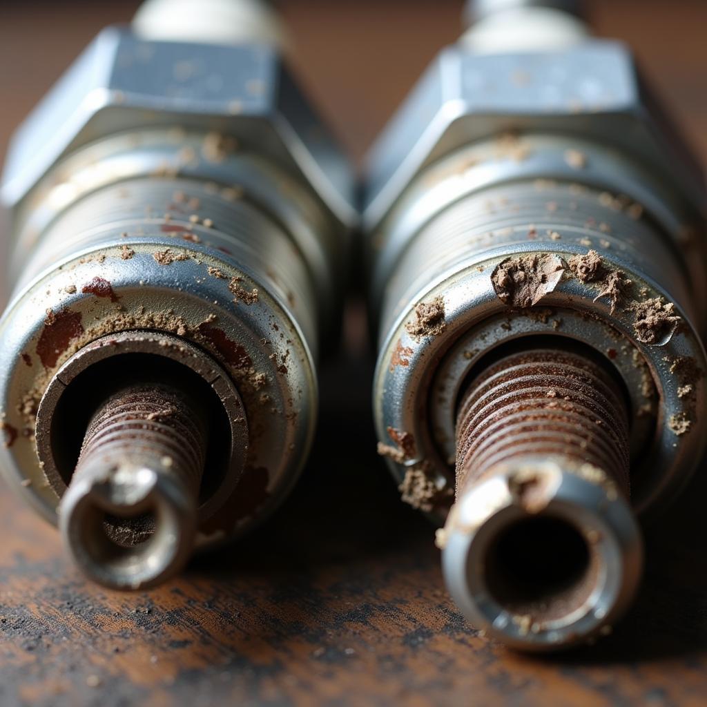 Worn spark plugs leading to misfires, reduced engine power, and poor fuel economy in an old car.