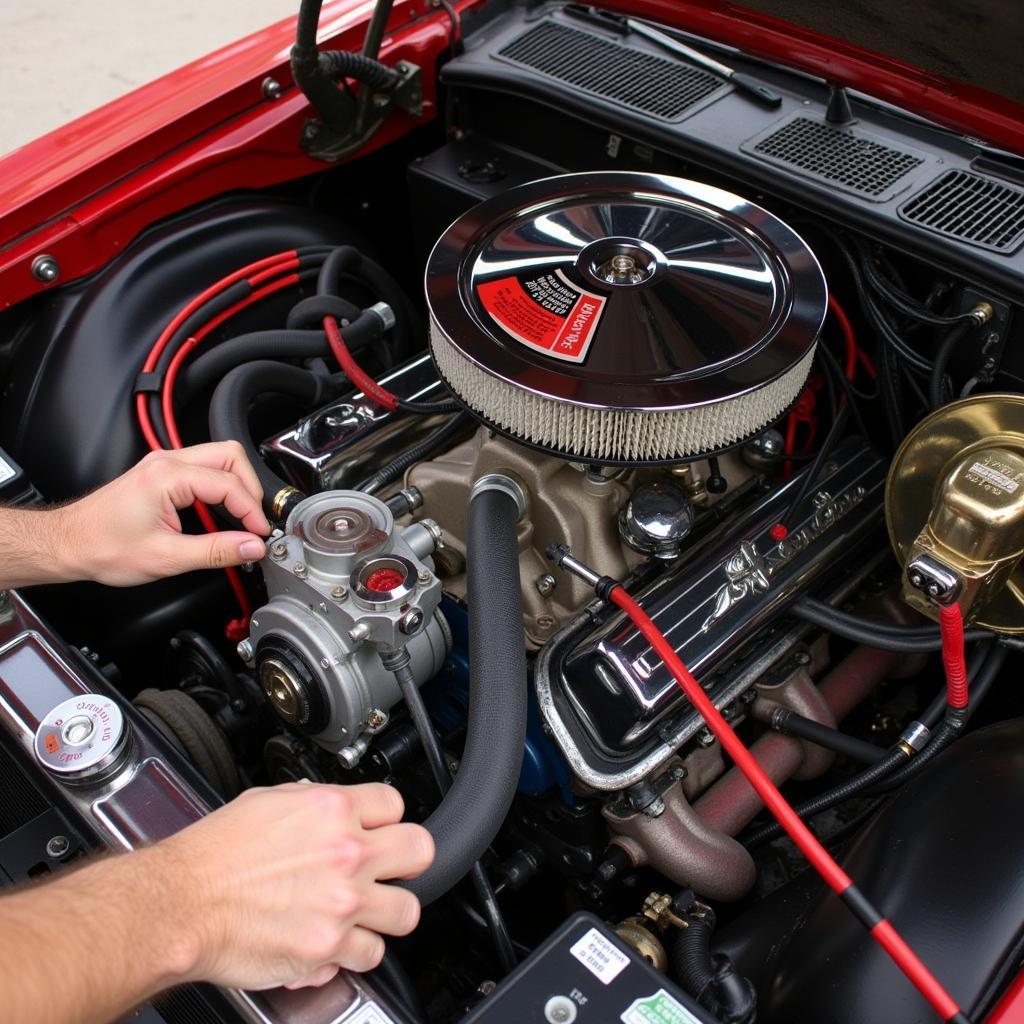 1971 Camaro Engine Compartment Repair: A mechanic working on the engine bay of a classic 1971 Camaro, focusing on the carburetor and ignition system.