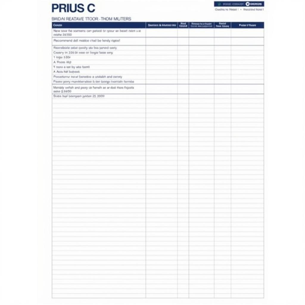 2013 Prius C Comprehensive Maintenance Checklist