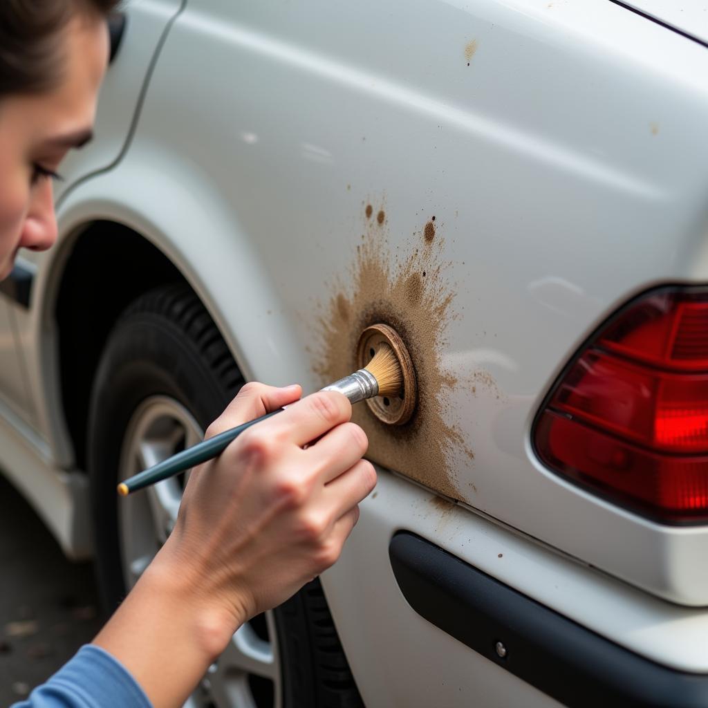 Applying touch-up paint to a car's rusted paint chip