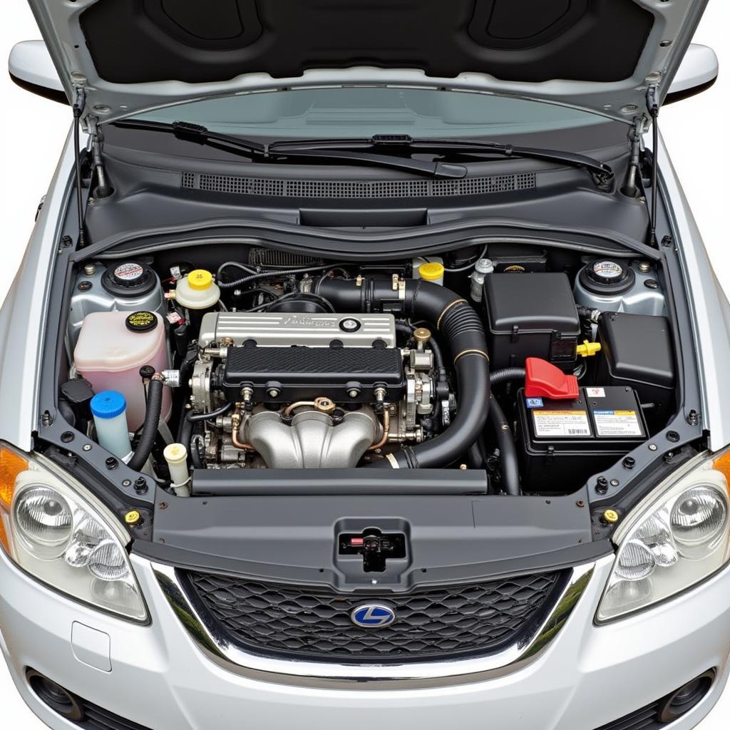 Automatic Car Starter Problems Symptoms: A car with the hood open, showing the starter motor and connected wiring, highlighting potential problem areas.