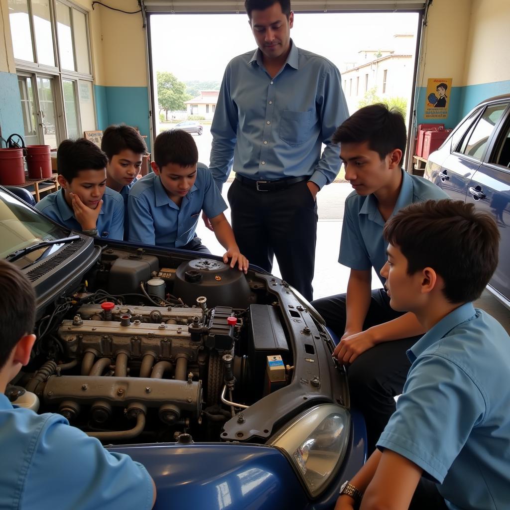 Students Working on a Car in an Automotive School