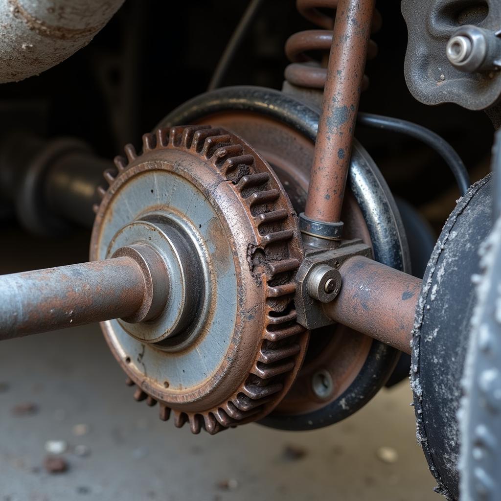 Bent Car Axle Damage: Close-up view of a bent car axle showing signs of damage and stress.