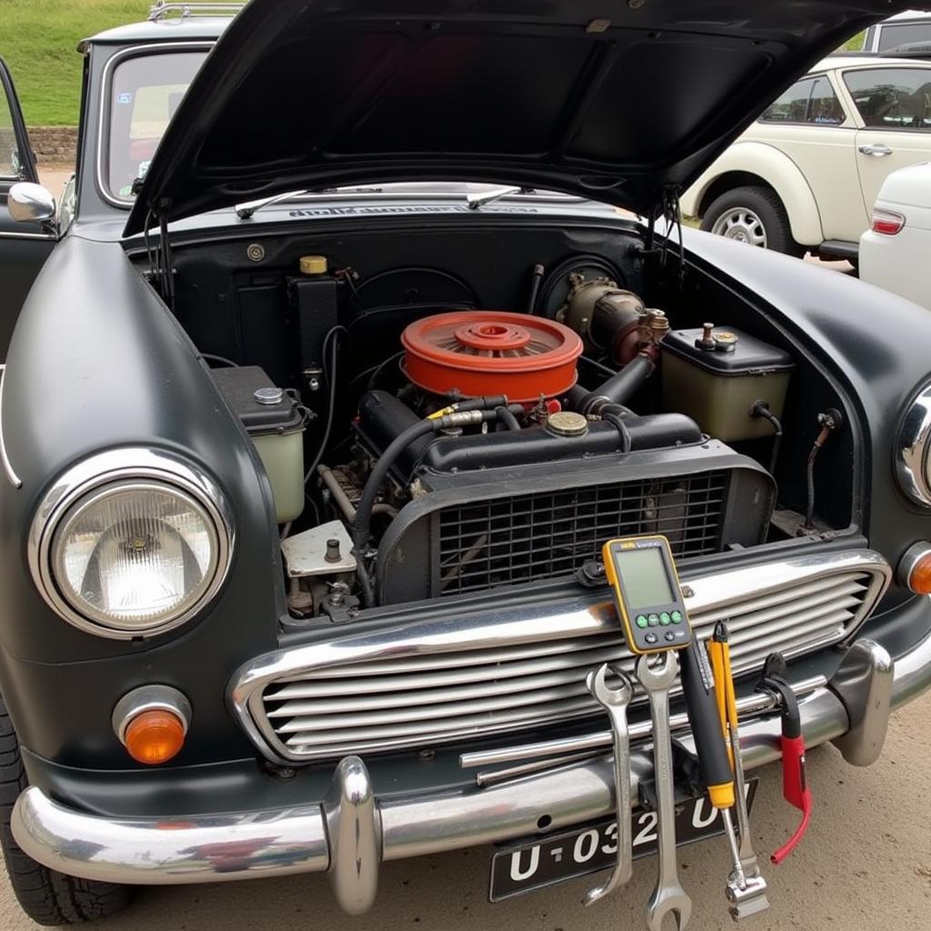 Best Car for DIY Repairs: A classic car with its hood open, showing the engine compartment and tools laid out for repair.