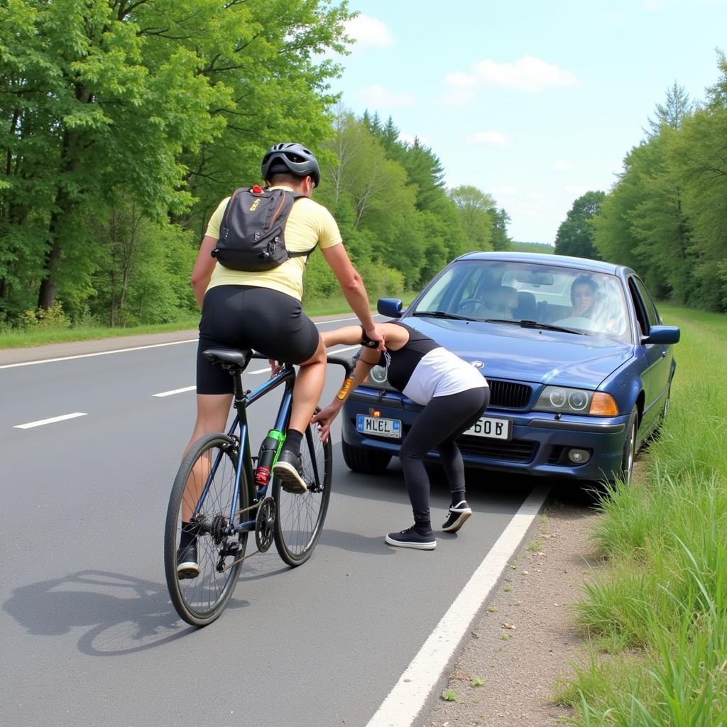 A cyclist crashes into a man working on his car parked on the side of the road.