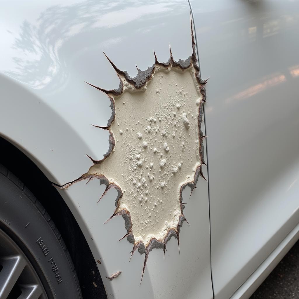 Close-up view of bubbling car paint