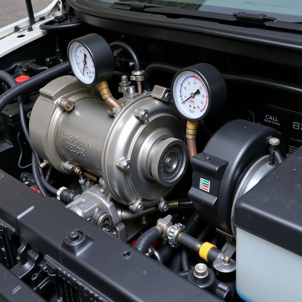 Car AC system with low refrigerant level, showing pressure gauges and connections